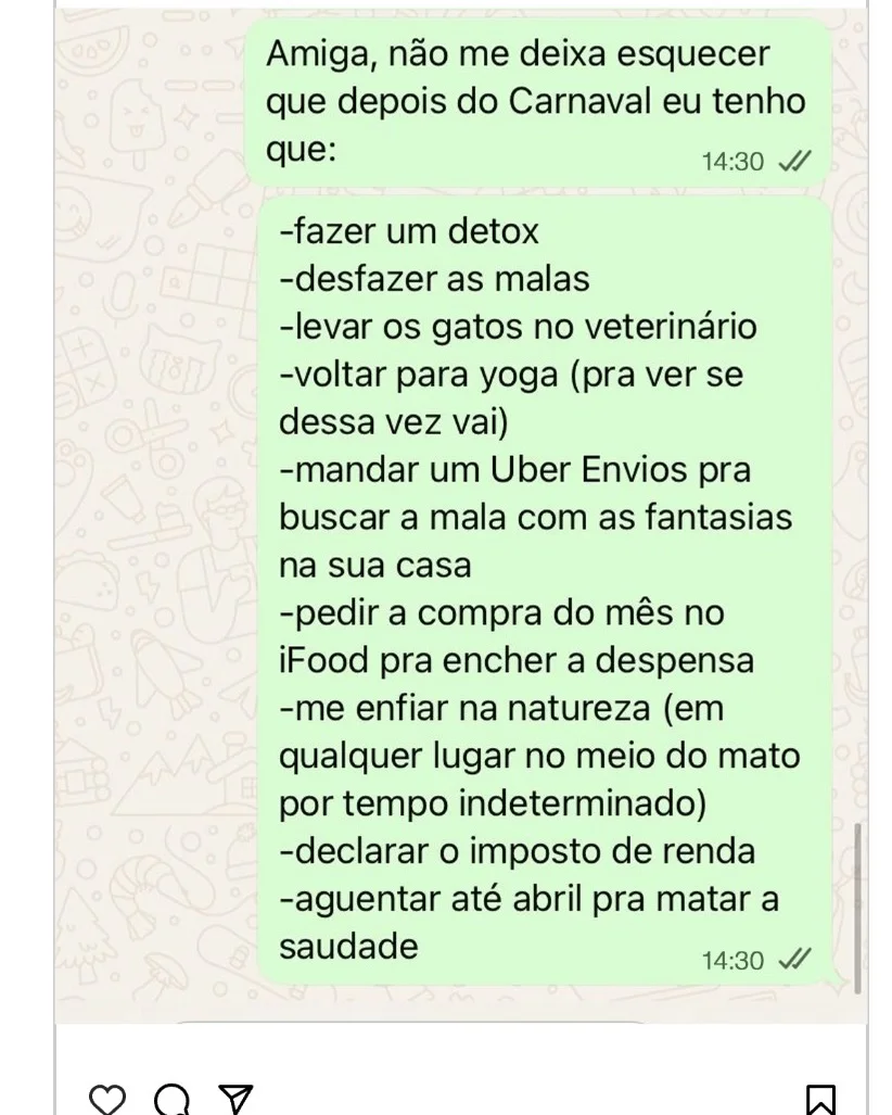 Photo by Marina Sena on February 17, 2026. May be a meme of text that says 'Amiga, não me deixa esquecer que depois do Carnaval eu tenho que: 14:30 -fazer um detox -desfazer as malas -levar os gatos no veterinário -voltar para yoga (pra ver se dessa vez vai) -mandar um Uber Envios pra buscar a mala com as fantasias na sua a -pedir a compra do mês no iFood pra encher a despensa -me enfiar na natureza (em qualquer lugar no meio do mato por tempo indeterminado) -declarar o imposto de renda -aguentar até abril pra matar a saudade 14:30'.